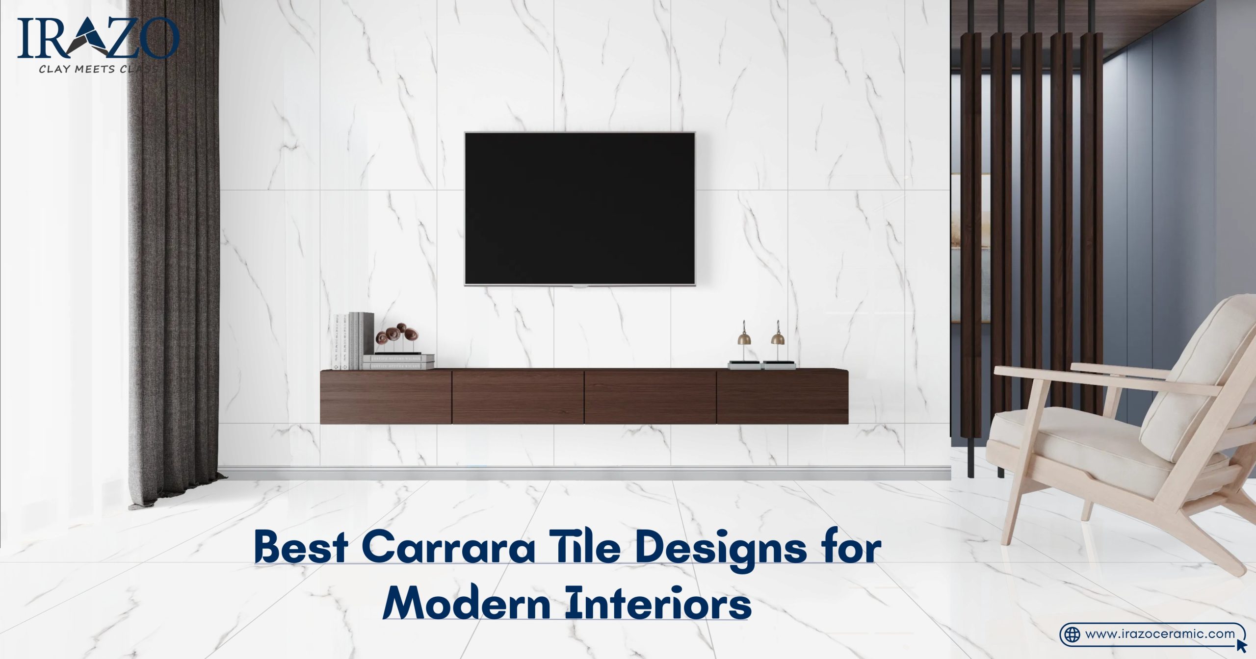Modern living room with white Carrara tile flooring and wall design, featuring a mounted flat-screen TV, wooden cabinet, and beige armchair.