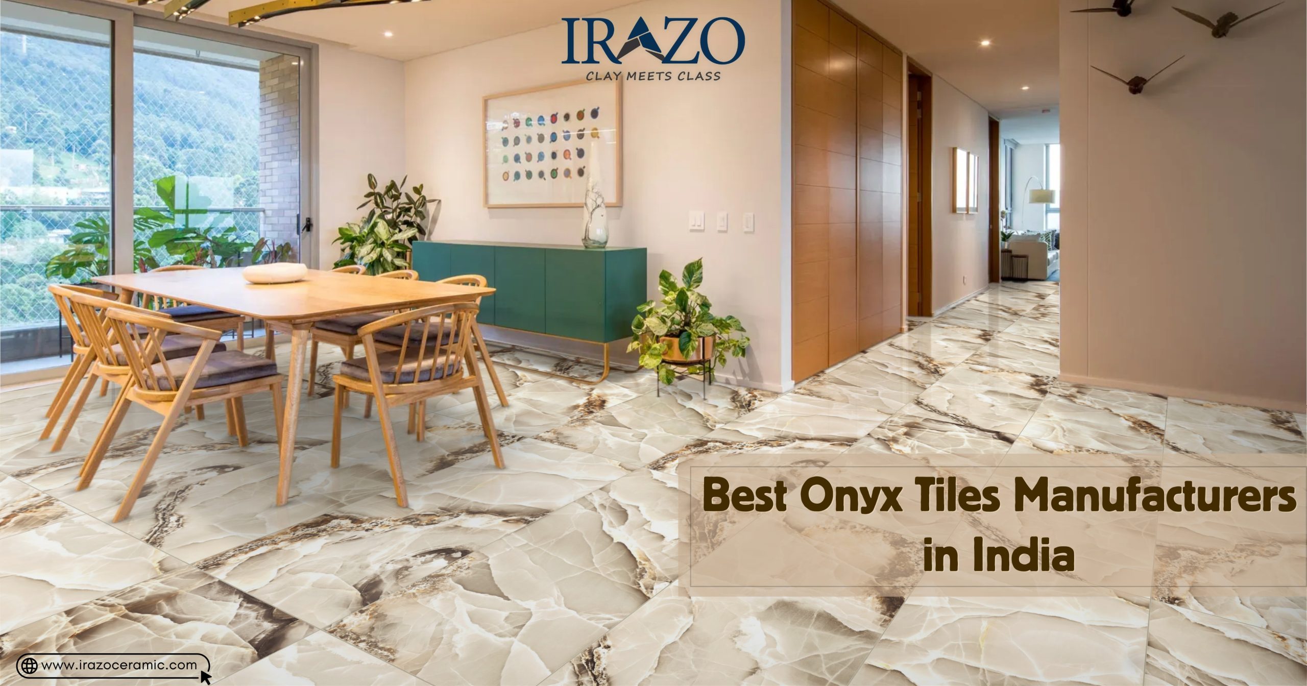 Modern dining and hallway space featuring glossy beige onyx floor tiles by Irazo Ceramic, one of the best onyx tiles manufacturers in India.