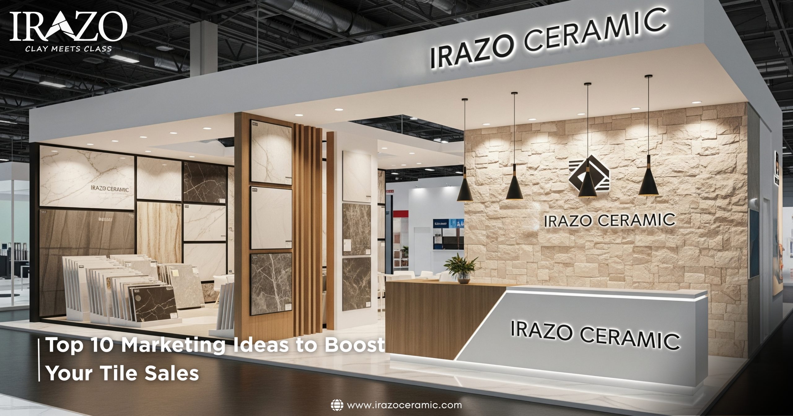 Irazo Ceramic exhibition booth showcasing a modern tile display with various wall and floor tile samples, branded signage, and caption text ‘Top 10 Marketing Ideas to Boost Your Tile Sales