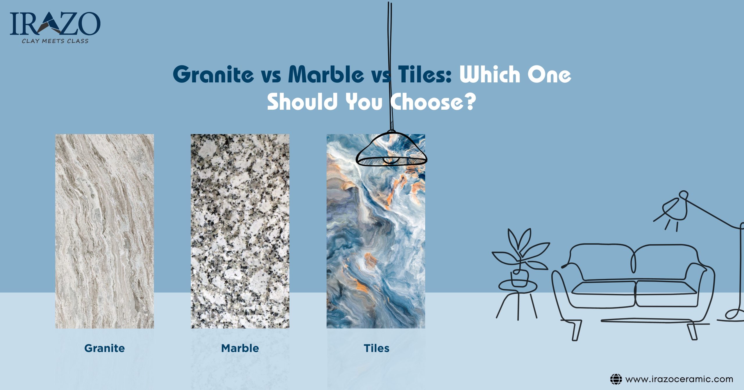 Irazo ceramic comparison banner showing granite, marble, and tile surfaces for flooring and wall design, titled “Granite vs Marble vs Tiles – Which One Should You Choose?”, featuring modern interior decor illustrations and highlighting natural stone and ceramic tile options for home interiors.